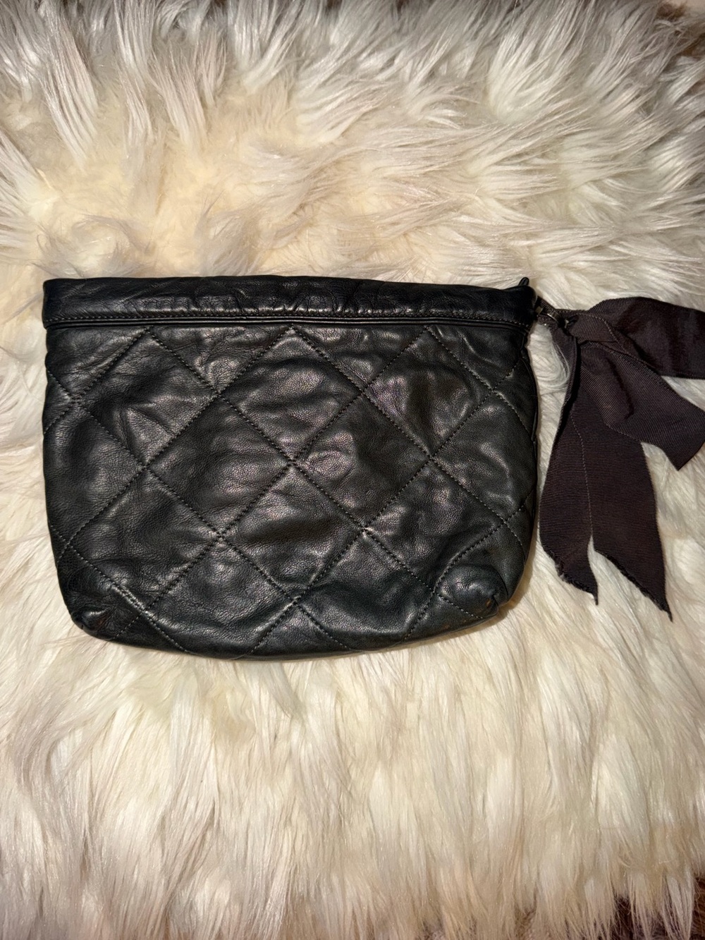 Lanvin Black Quilted Leather Wristlet with Fabric Tie - Picture 2 of 6